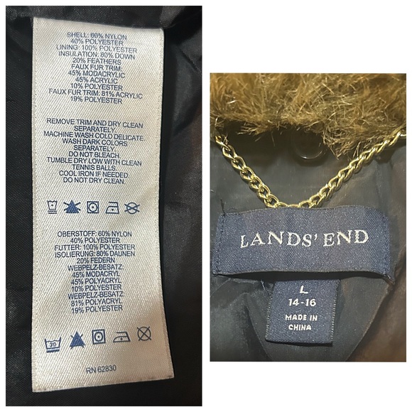 Land’s End, 3/4” Black Quilted Puffer Coat with Removable Hood, Fur & Hood - Picture 7 of 8